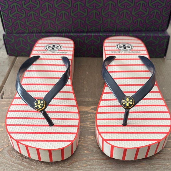 Tory Burch Red and White Stripe Sandals - Picture 1 of 3